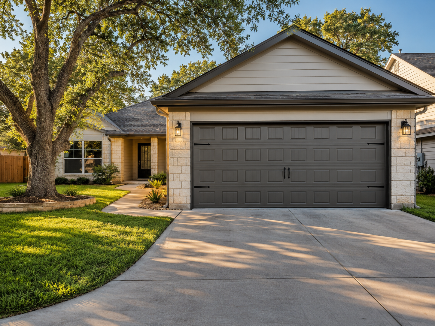 Austin TX home with new dark steel garage door installed by Greg's Garage Door