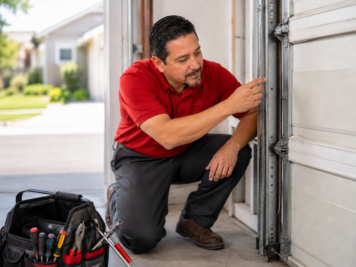 Greg Martinez inspecting garage door rollers and track at a residential job in Pflugerville TX