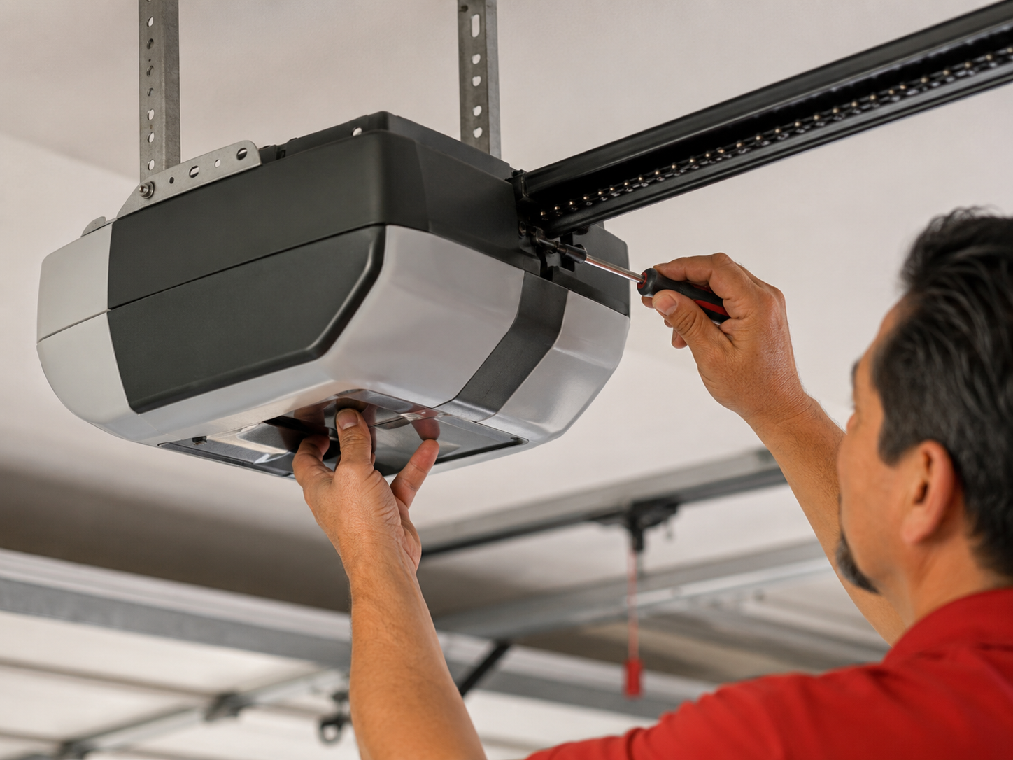 Garage door opener installation — LiftMaster unit being mounted in Cedar Park TX