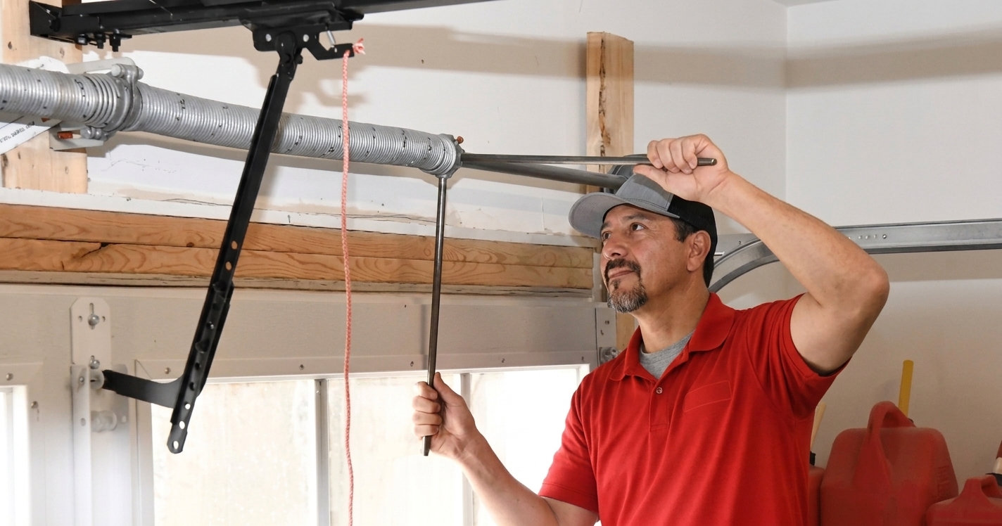 Garage door technician replacing a torsion spring on a residential home in Austin Texas